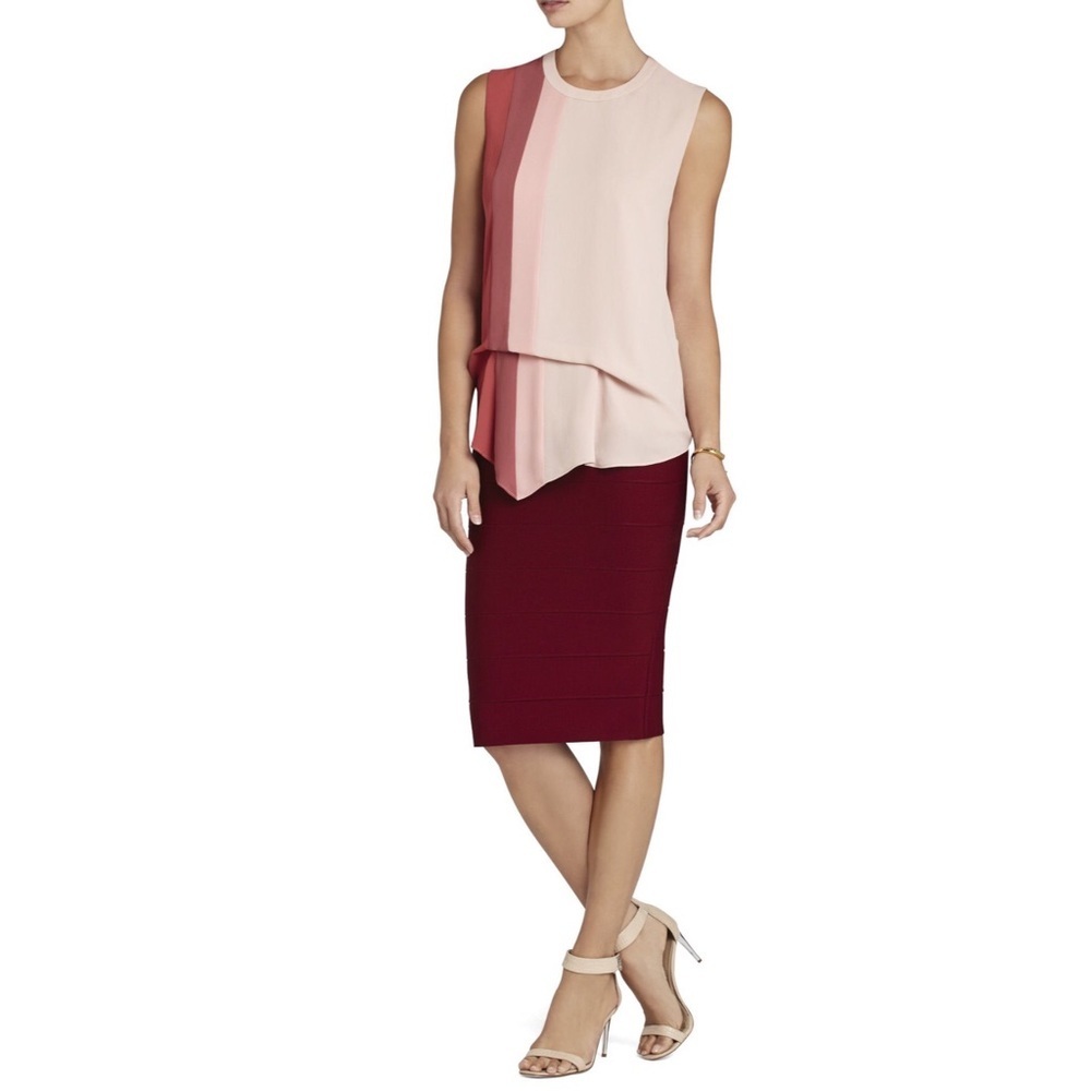 BCBGMAXAZRIA ColorBlock Draped Blouse Top Career Formal Maroon Beige Modern XXS - Picture 7 of 7